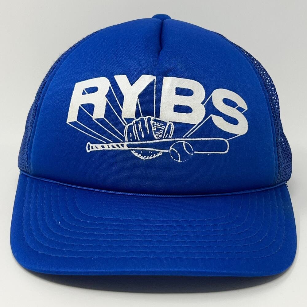Vintage 80s RYBS Trucker Hat Baseball Cap Foam Front 5 Panel Mesh Snapback Blue